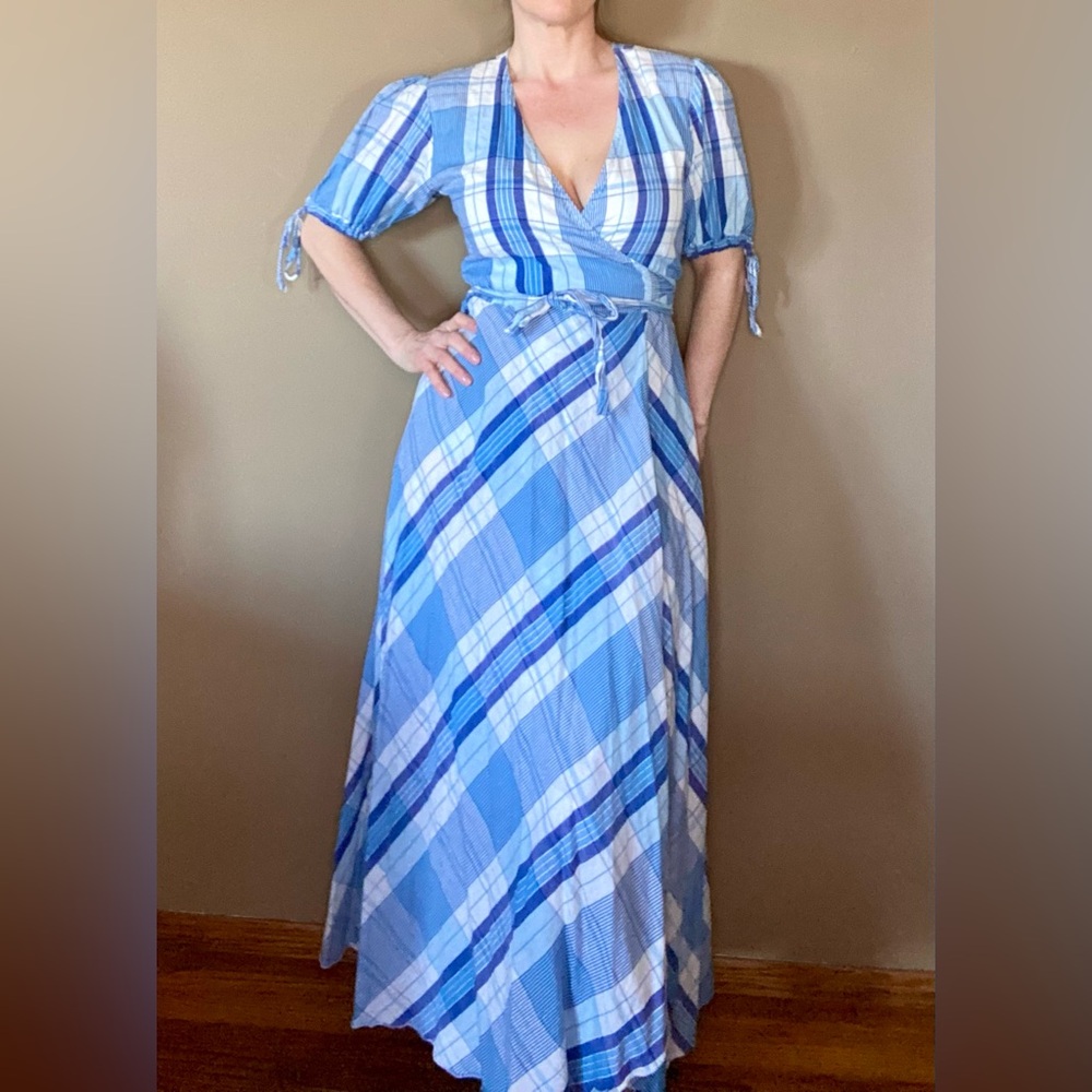 Lekha Blue and White Puff Sleeve Wrap Dress